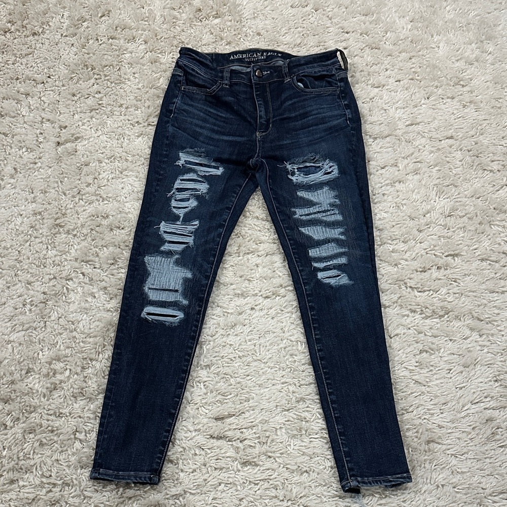 AMERICAN EAGLE OUTFITTERS Women’s Y2K Dark Indigo Distressed Skinny Jeans Sz 8